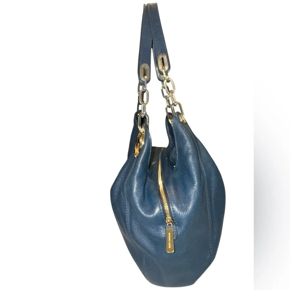 Michael Kors Large Fulton Triple Compartment Hobo Shoulder Bag Navy Leather Gold